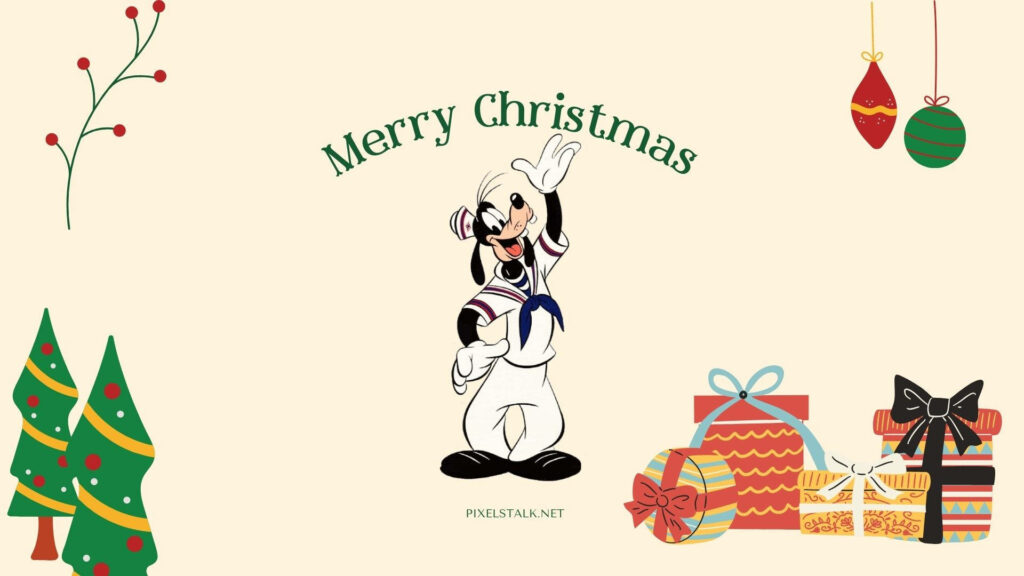 Goofy Spreads Holiday Cheer with Gifts and Festive Décor in Disney's Enchanting Christmas Scene Wallpaper