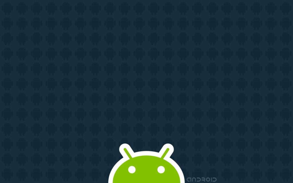 Minimalist Android wallpaper with lime-green mascot on dark blue patterned background and logo