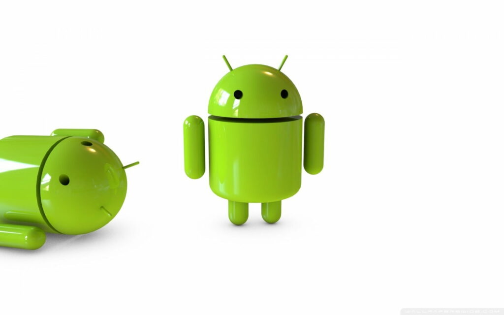 Glossy 3D Google Android mascot standing and lying on white background tech wallpaper