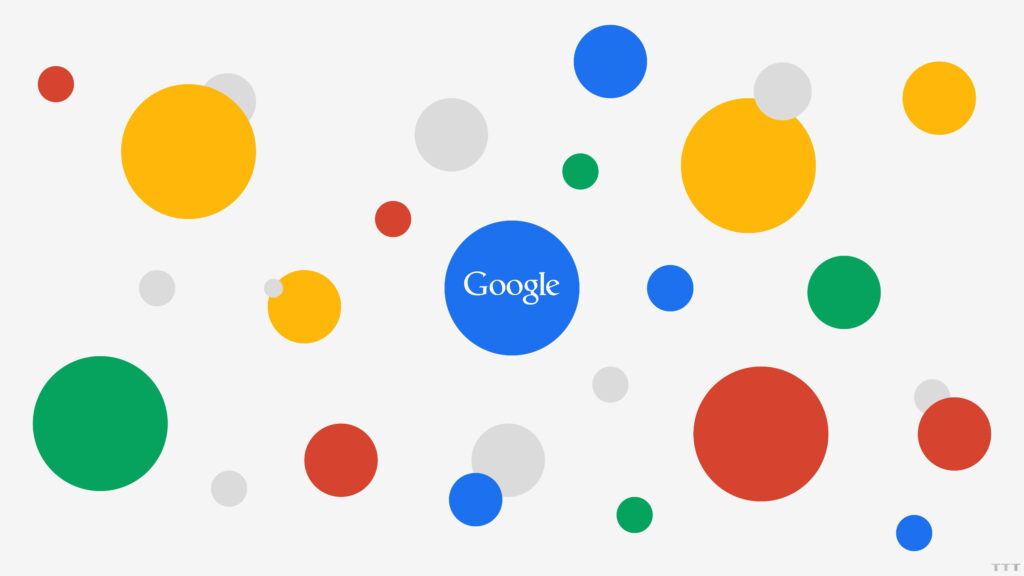 Minimalist Google Bubbles wallpaper with colorful geometric circles and centered blue Google logo in 8K