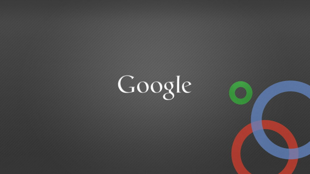 Minimalist Google wallpaper with white serif logo on dark charcoal background and colorful rings