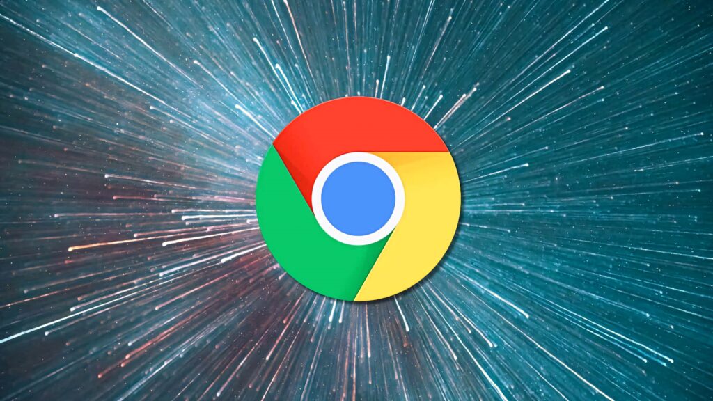 Google Chrome logo centered with vibrant colors on a dynamic starry futuristic background wallpaper