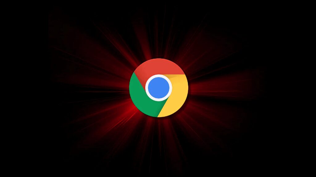 Google Chrome logo glowing with red light rays on dark background symbolizing speed and innovation Wallpaper