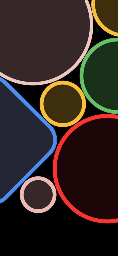 Google Pixel 4 abstract wallpaper with vibrant circles and geometric rounded square on black background