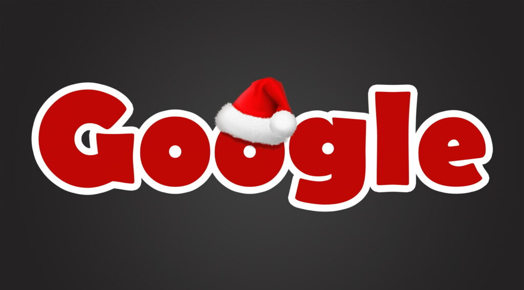 Festive Google logo wallpaper with bold red letters and 3D Santa hat for holiday cheer background