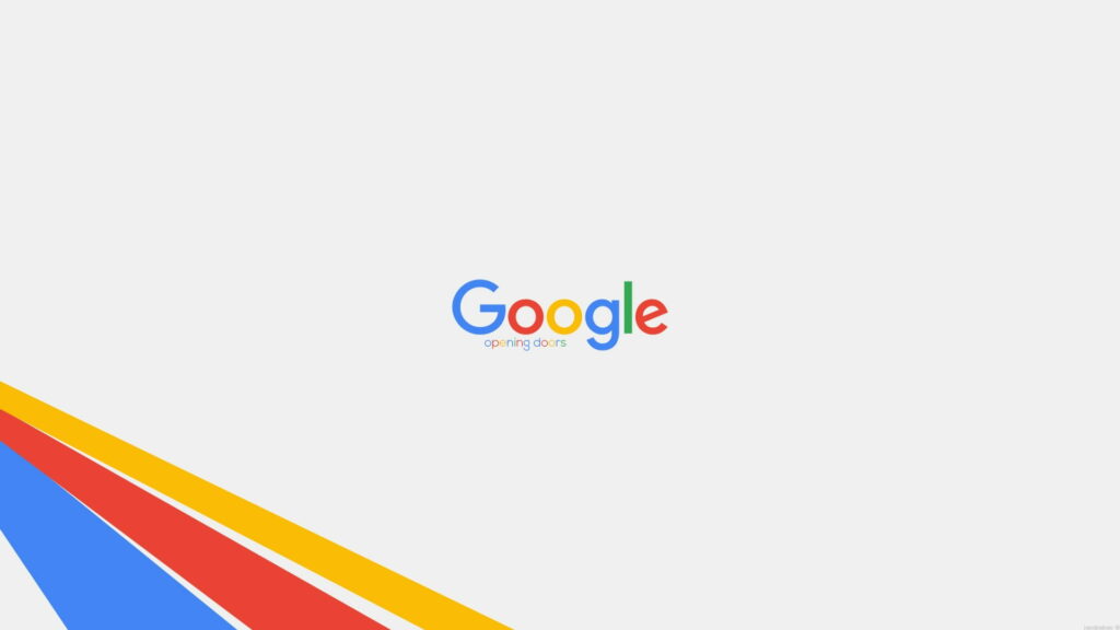 Minimalist Google wallpaper with colorful logo opening doors text on light gray background stripes