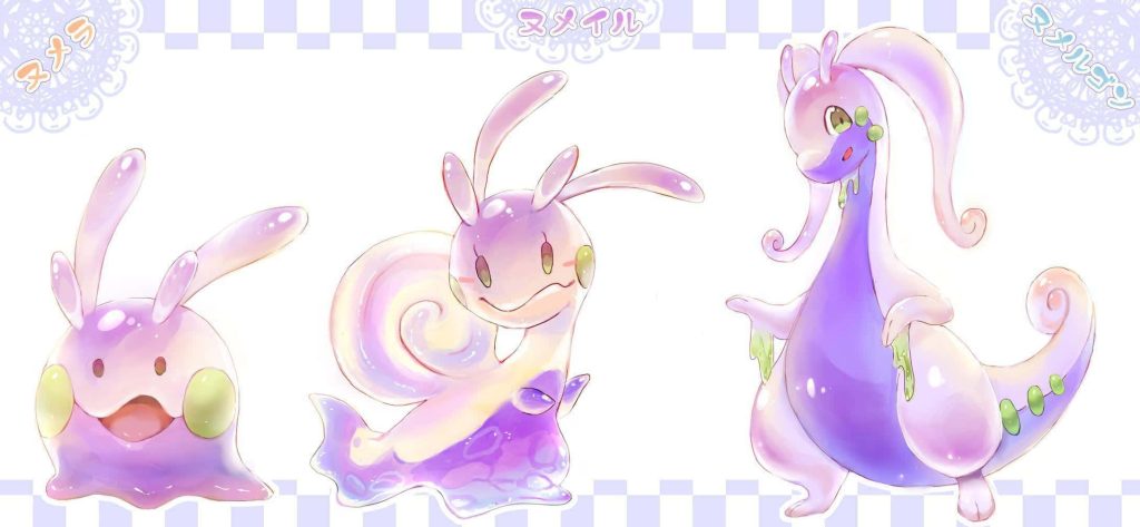 Goomy Sliggoo and Goodra digital art pastel wallpaper purple cream checkered background desktop