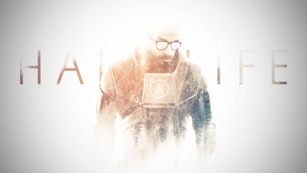 Half-Life Gordon Freeman double exposure wallpaper with HEV suit and forest landscape background