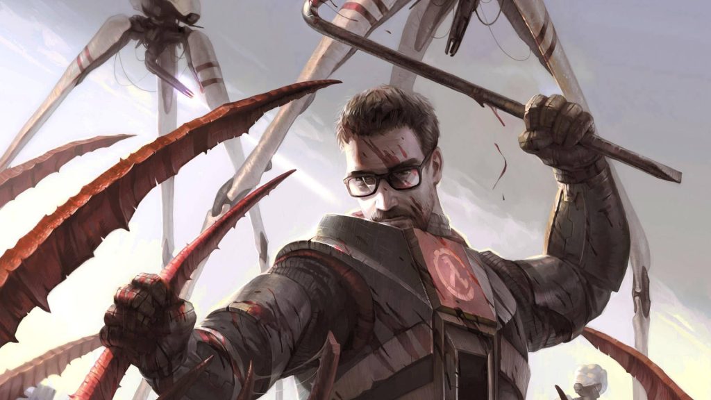 Gordon Freeman in HEV suit wielding crowbar fighting aliens intense Half-Life wallpaper