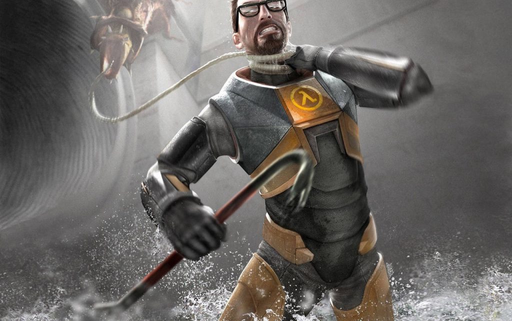 Gordon Freeman in orange HEV suit fights Barnacle tentacle with crowbar in Half-Life wallpaper