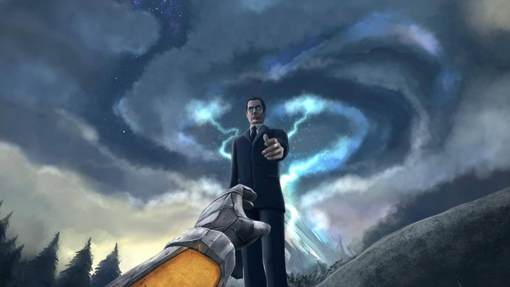 Half-Life wallpaper of Gordon Freeman facing G-Man with stormy sky and electric blue energy