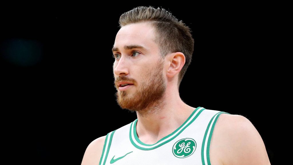 Gordon Hayward close-up in white Boston Celtics jersey GE logo intense focused expression Wallpaper