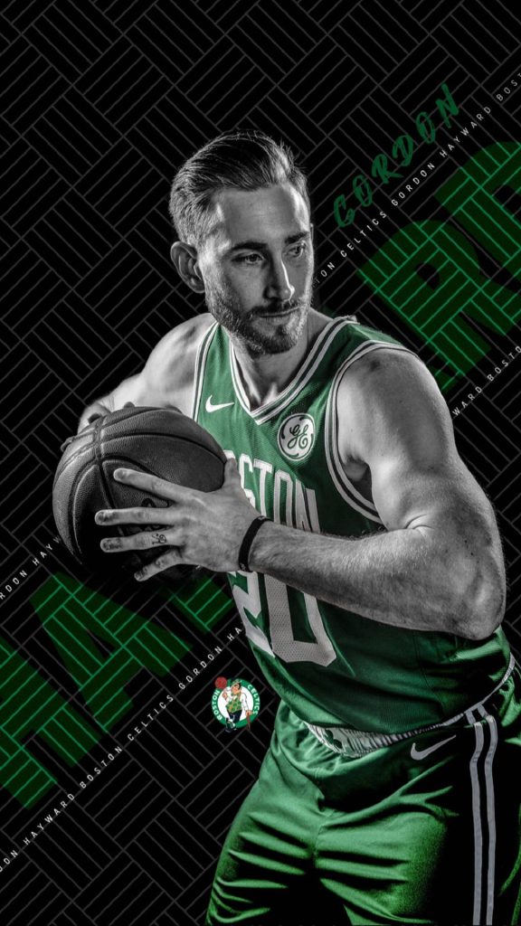Gordon Hayward Celtics digital art wallpaper in green jersey holding basketball with geometric background