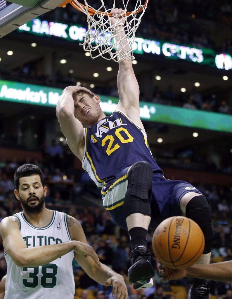 Gordon Hayward Utah Jazz dunk over Boston Celtics defender NBA intense basketball action wallpaper
