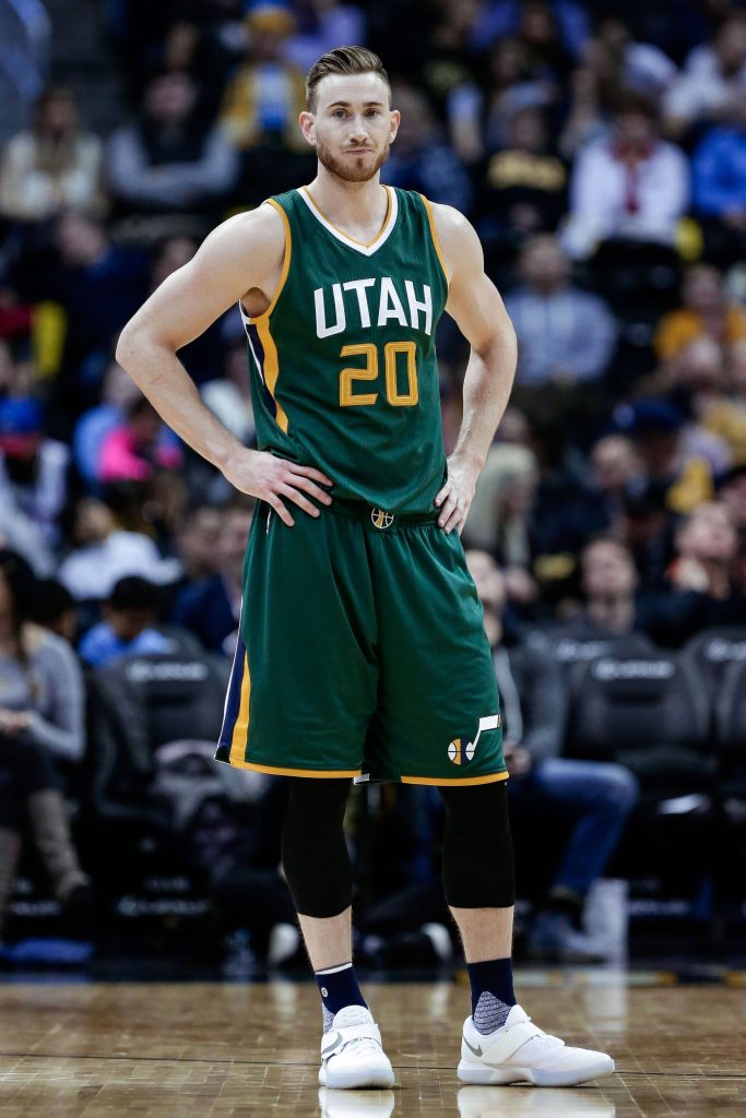 Gordon Hayward in Utah Jazz green jersey number 20 intense basketball action wallpaper