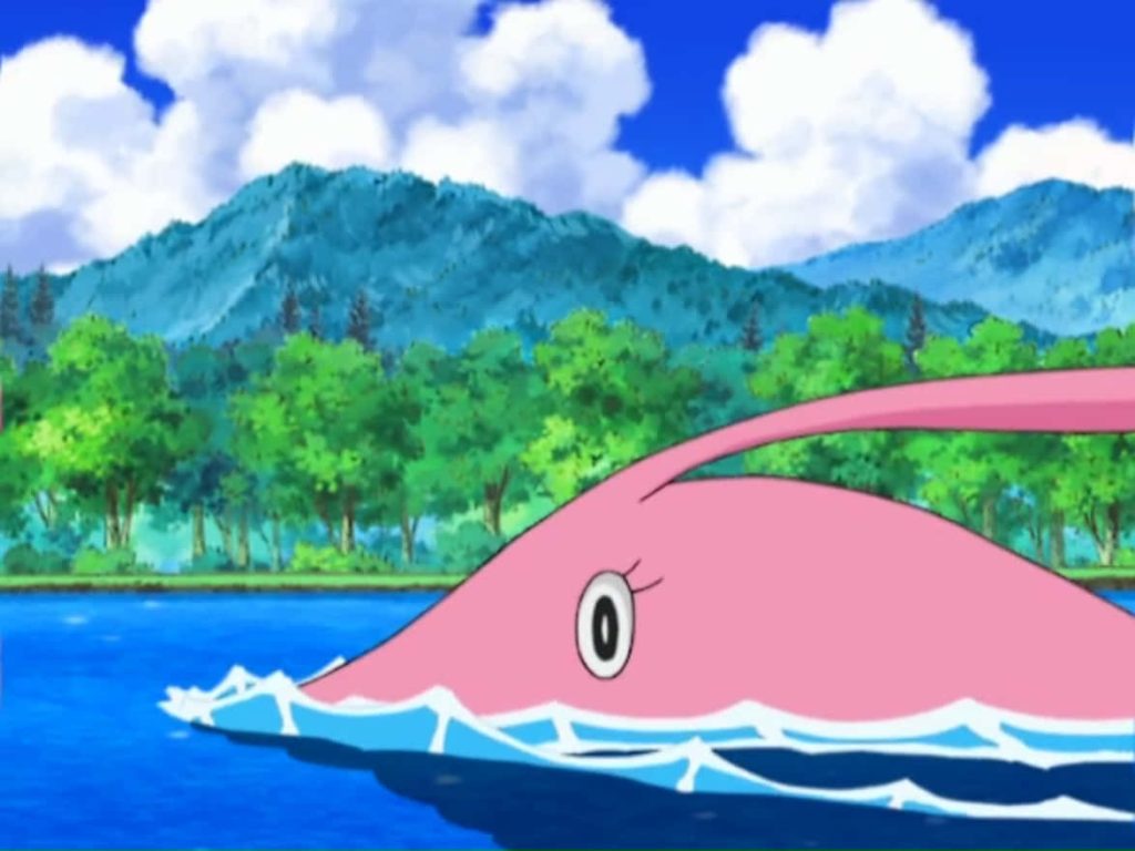 Gorebyss surfacing in blue water with green hills and sunny anime sky background wallpaper