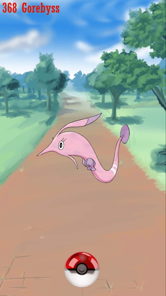 Vibrant Gorebyss Pokémon hovering over forest path with Poké Ball digital wallpaper background
