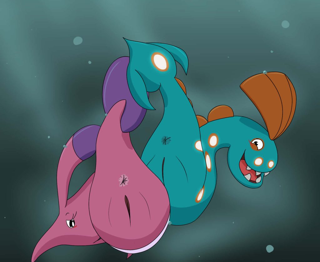 Digital illustration of Gorebyss and Huntail swimming in deep underwater scene with soft bubbles Wallpaper