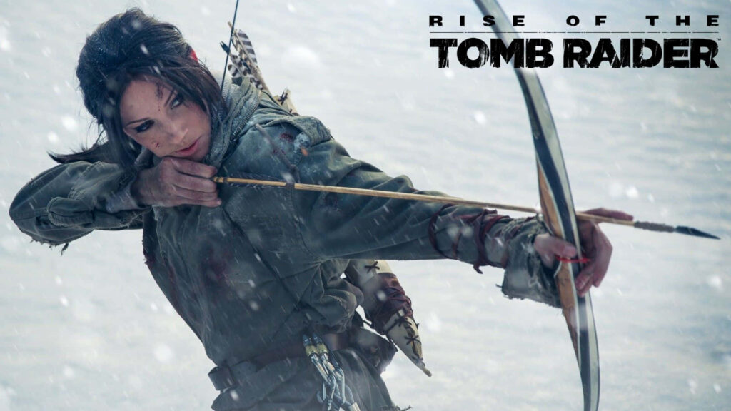 Arctic Adventurer: Lara Croft's Wildlife Pursuit in Rise Of The Tomb Raider's Wintry Forest Wallpaper
