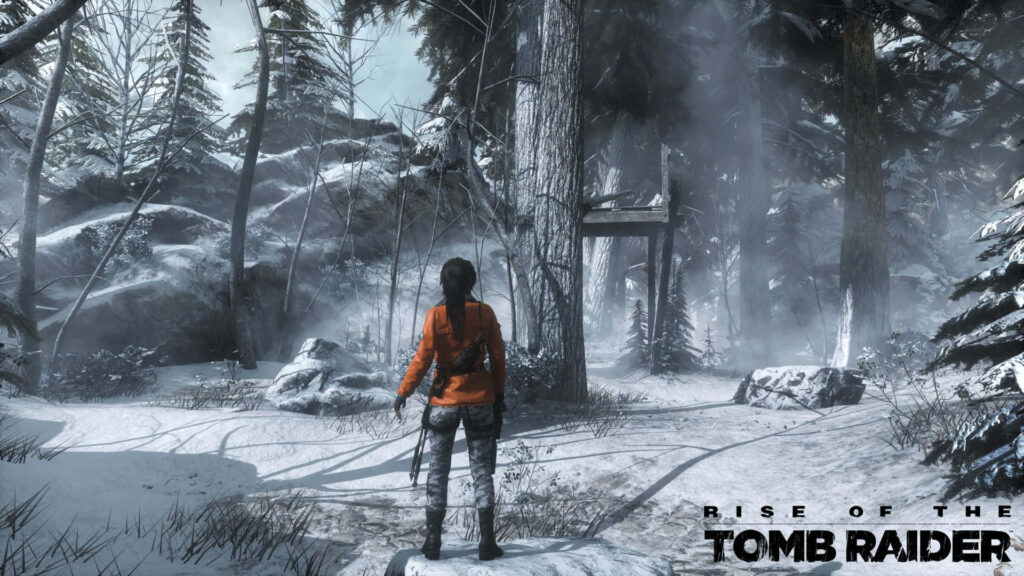 Silent Elegance: Lara Croft's Majestic Stance amidst Snowy Serenity in Rise Of The Tomb Raider Wallpaper