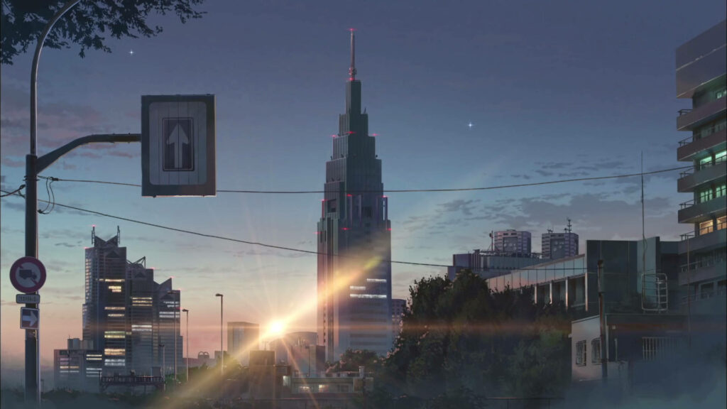 Breathtaking Anime Cityscape: Capturing the Enchanting Sunset Behind a Majestic Building in 'Your Name' Anime Series Wallpaper