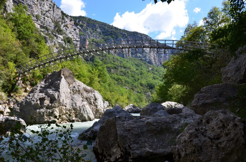 Gorges du Verdon metal bridge over river canyon lush cliffs Provence France scenic wallpaper