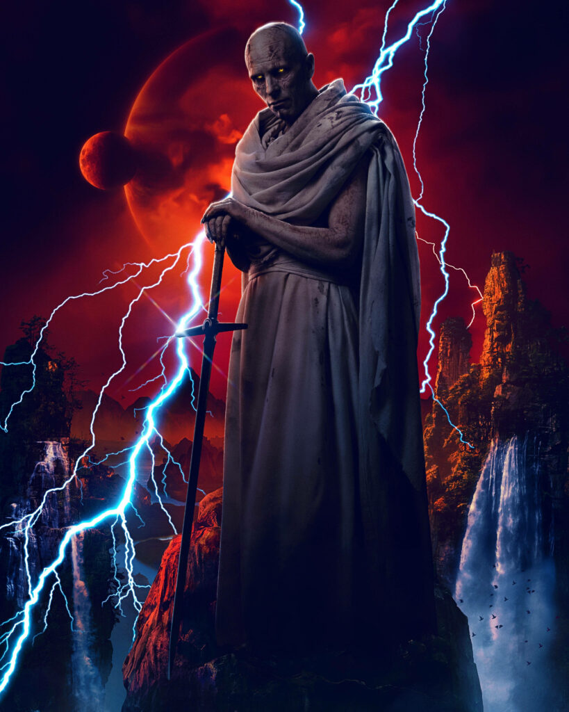 Gorr from Thor Love and Thunder with sword in lightning storm and surreal red sky wallpaper background