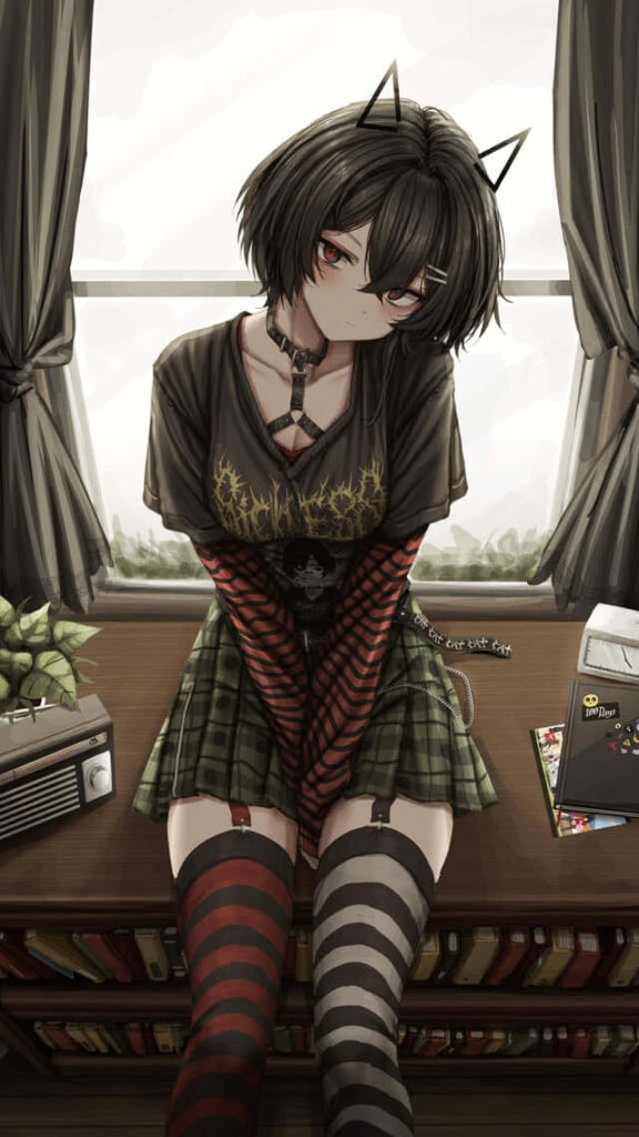 Goth Anime Cat Girl Wallpaper: Stylish Windowsill Aesthetic