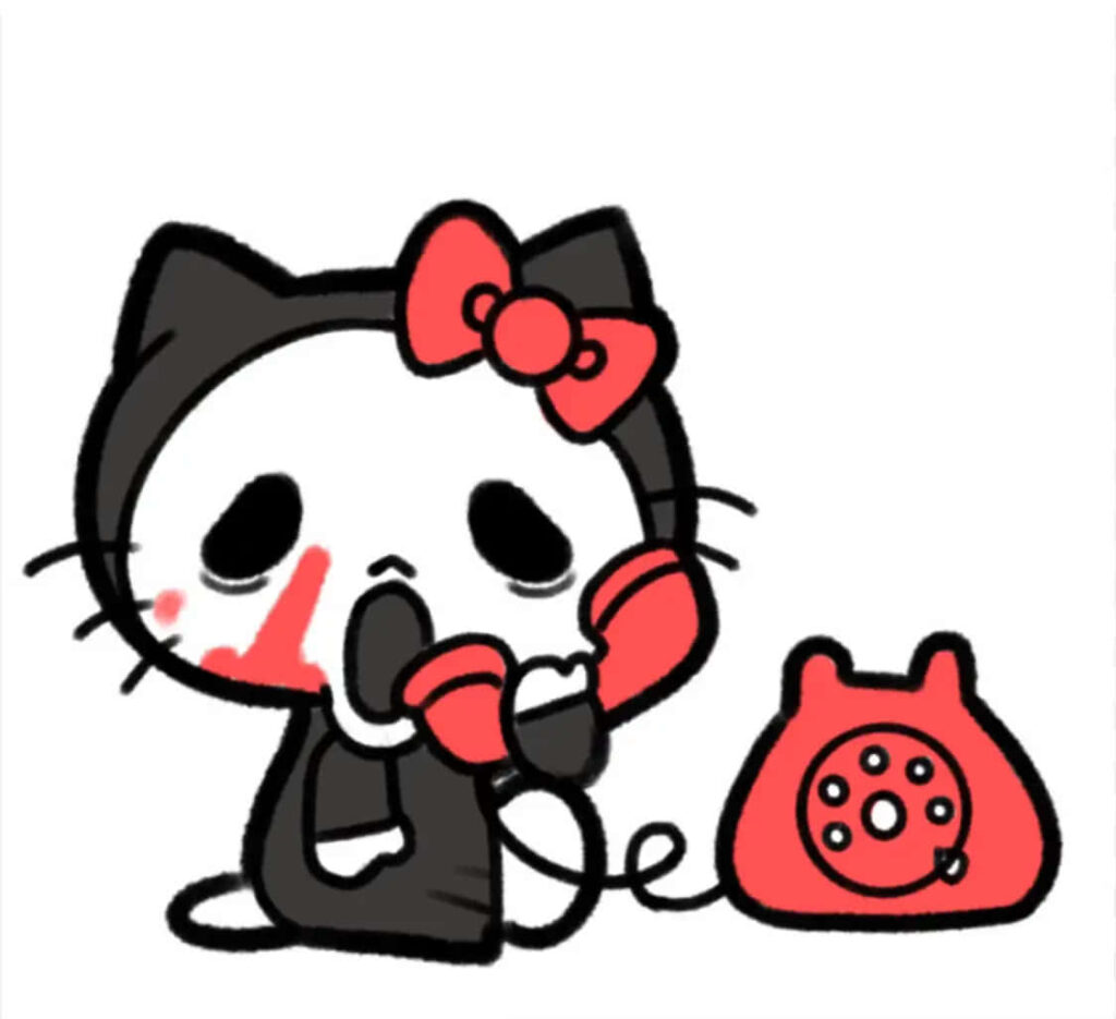 Goth Hello Kitty on Vintage Phone: Minimalist Wallpaper Design