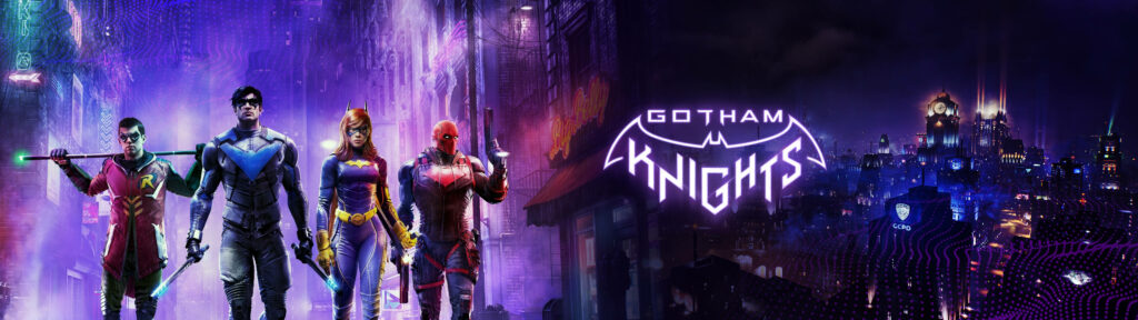 The Rainy Night of Gotham's Legends: Batgirl, Red Hood, Robin, and Nightwing Unite in a 5120 X 1440 Gaming Wallpaper