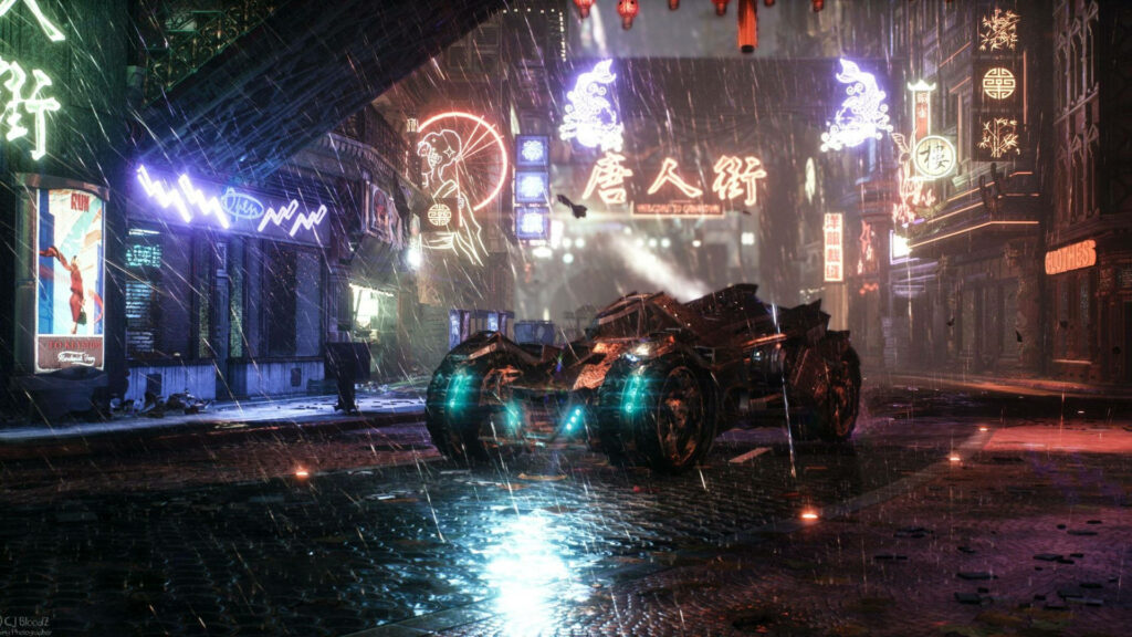 Drenched Streets of Gotham: The Iconic Batmobile Revs up for Action in Batman vs. Superman Wallpaper