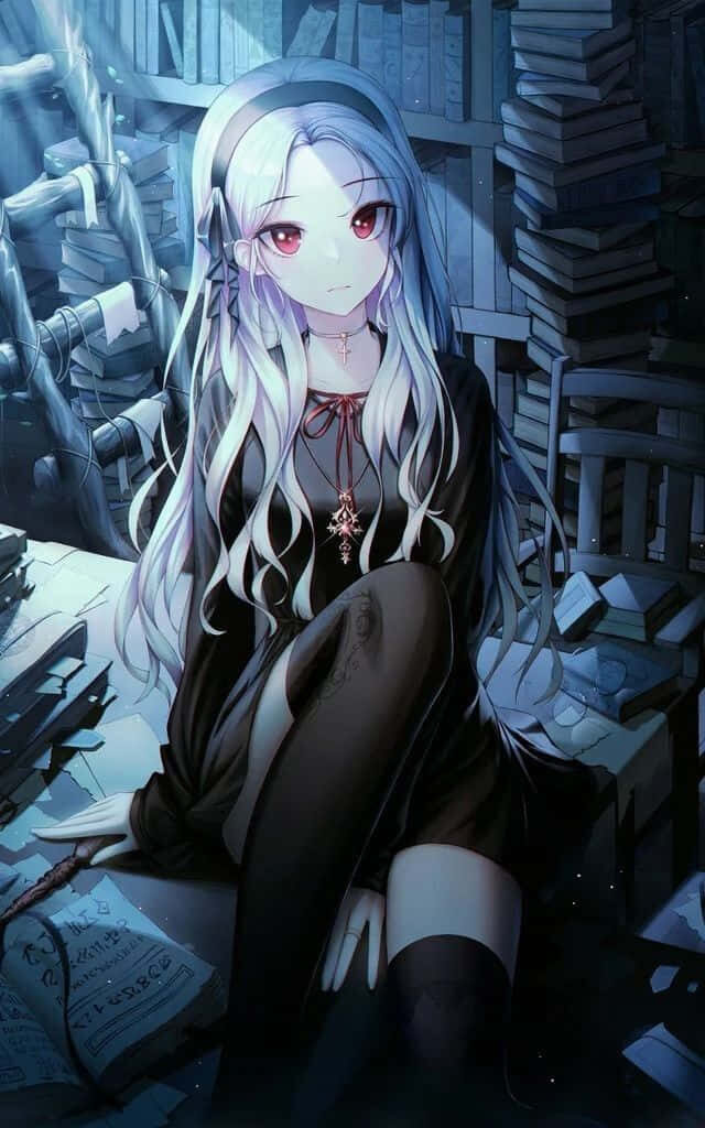 Enchanting Gothic Anime Girl Wallpaper with Black Dress & Books