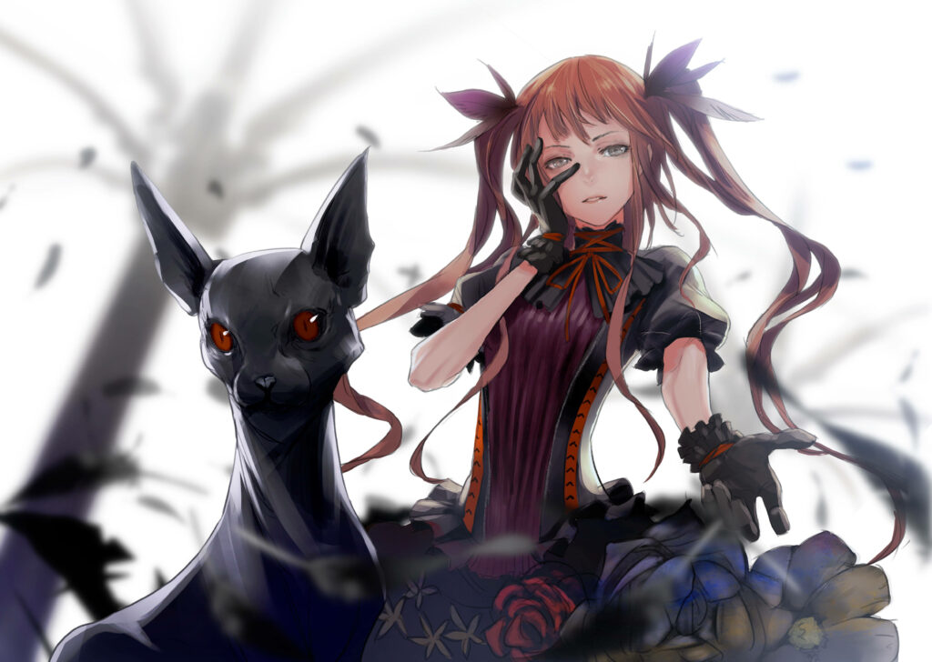 Auburn-Haired Gothic Anime Girl with Cat Wallpaper Background