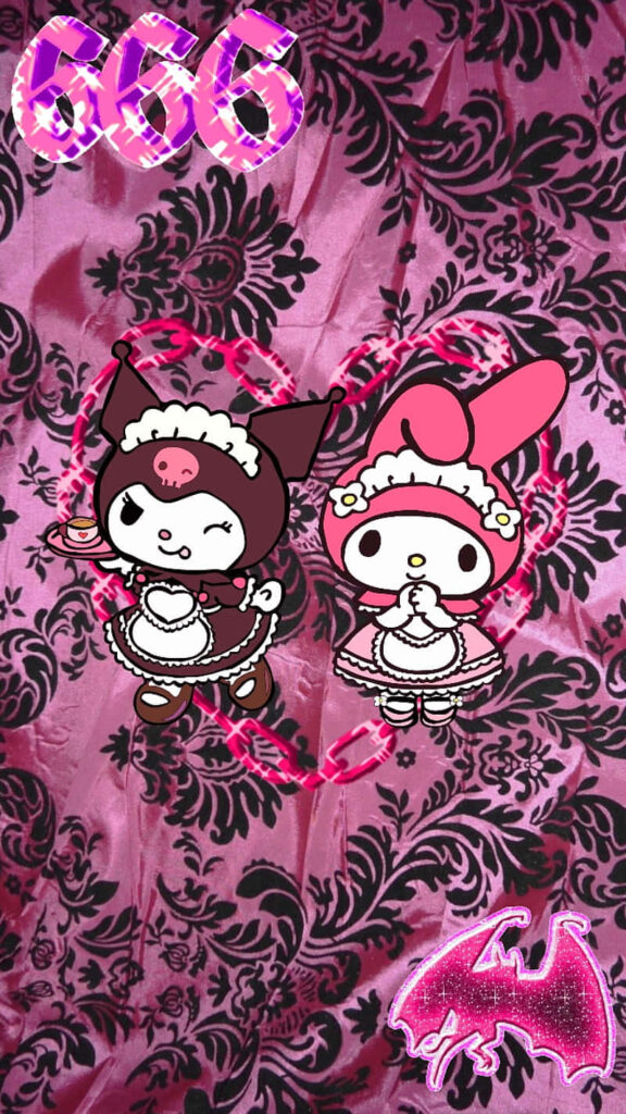 Gothic Characters on Pink Damask Wallpaper with Edgy Decor