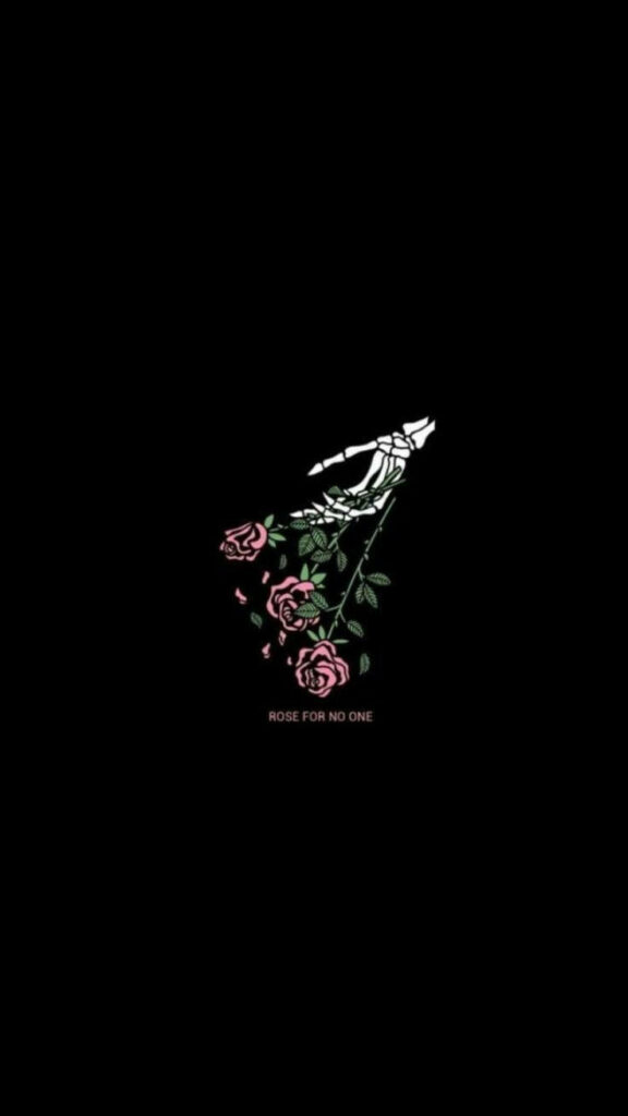 Gothic iPhone Baddie: Skeleton Hand Surrenders Roses on Dark Background Wallpaper