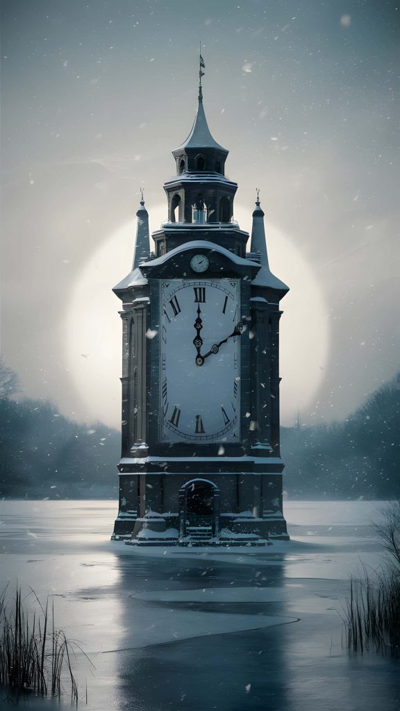 Gothic clock tower in snowy landscape under glowing moon digital art winter wallpaper background