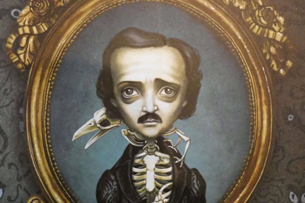 Gothic skeletal Edgar Allan Poe portrait with raven skull in ornate gold frame dark wallpaper