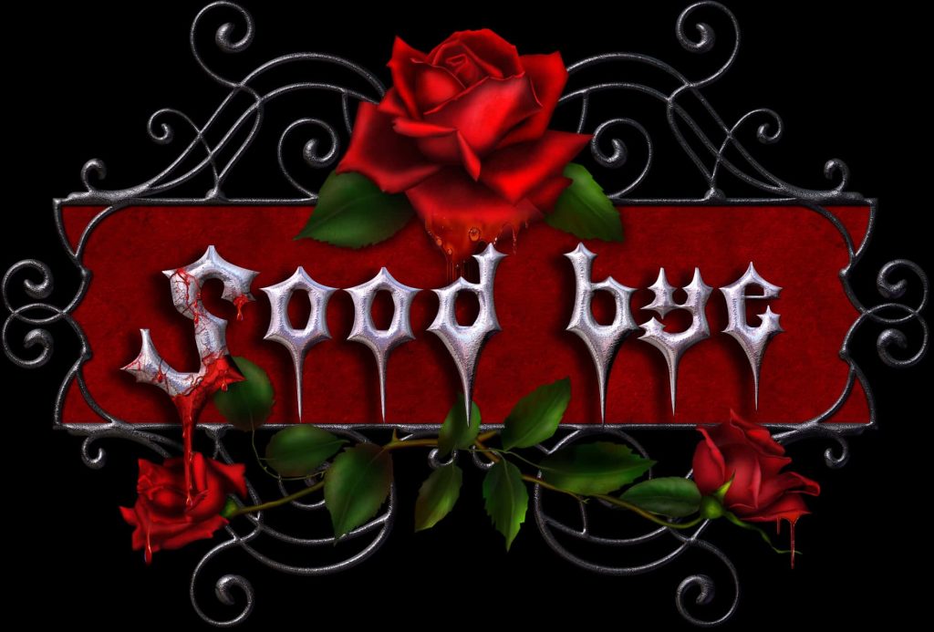 Gothic digital wallpaper with metallic Good bye text black wrought iron frame red blood roses