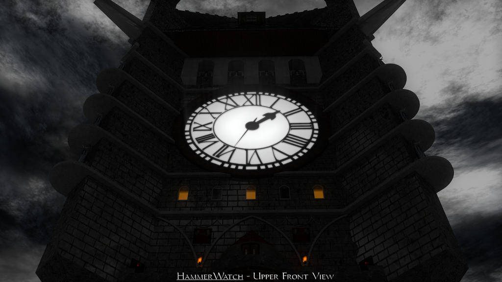 Dramatic Hammerwatch tower with glowing Roman clock against stormy gothic stone sky background Wallpaper