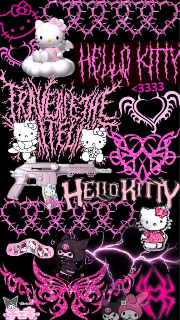 Gothic Hello Kitty Wallpaper: Pink & Black Collage with Edgy Designs