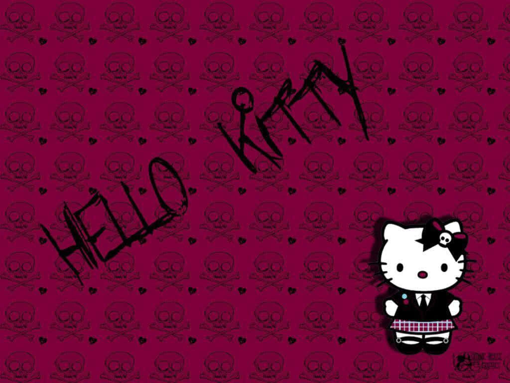 Gothic Hello Kitty Wallpaper: Edgy Maroon & Skull Design