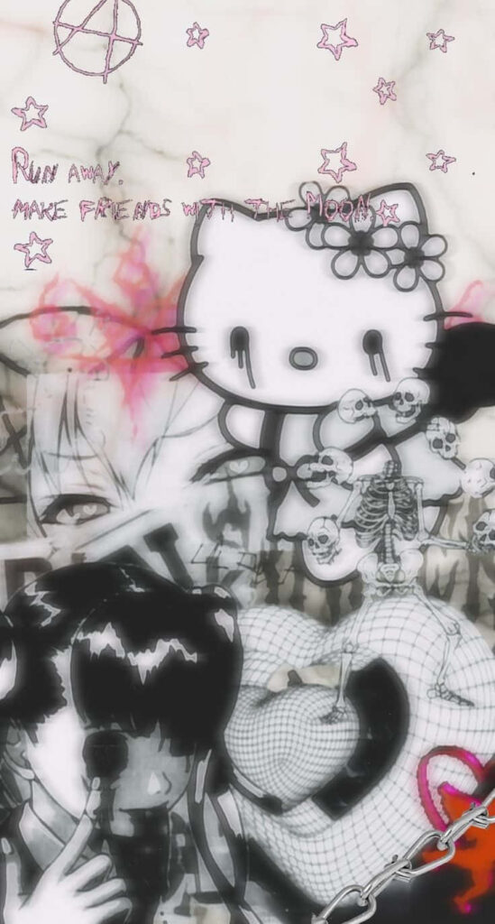 Gothic Hello Kitty Wallpaper: Monochrome Punk Aesthetic with Stars & Skulls