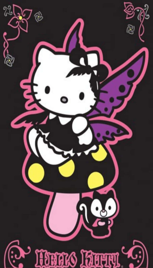 Gothic Hello Kitty Wallpaper: Bat Wings & Polka-Dotted Mushroom Design