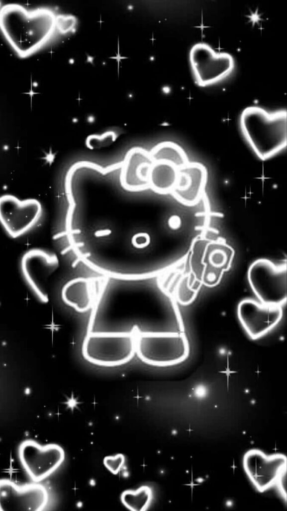 Gothic Hello Kitty Wallpaper with Sparkling Hearts & Stars Background