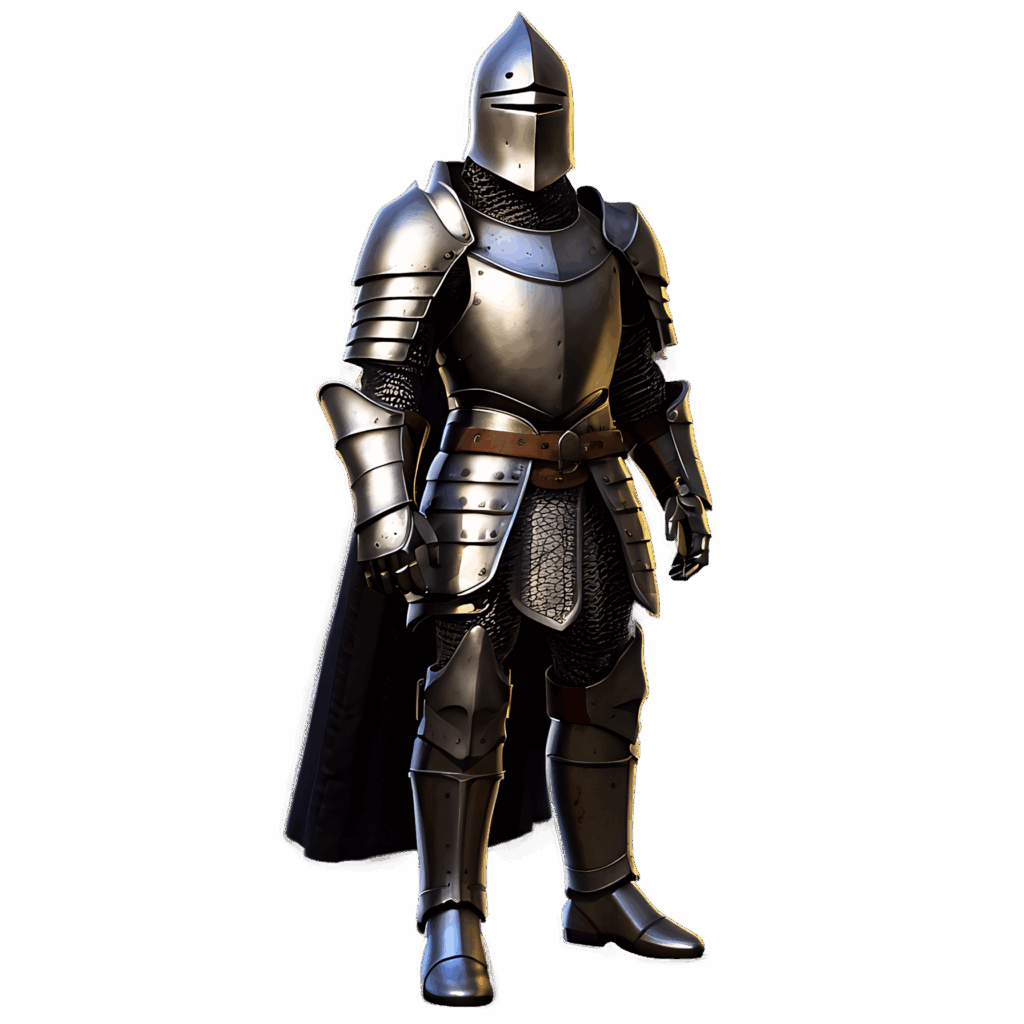 Powerful gothic knight in full plate armor stands confidently medieval strength wallpaper background
