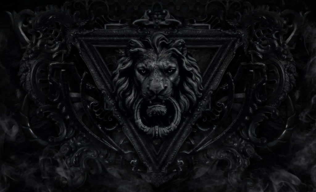Gothic lion head door knocker wallpaper dark charcoal tones intricate triangular frame design