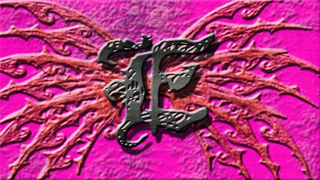 Gothic metallic letter E wallpaper with ornate dark emblem on vibrant textured hot pink background