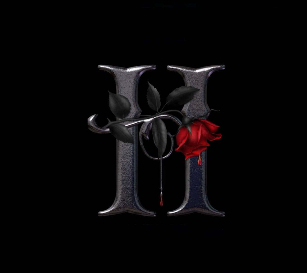 Gothic metallic letter H entwined with vibrant red rose and crimson droplet on black background Wallpaper