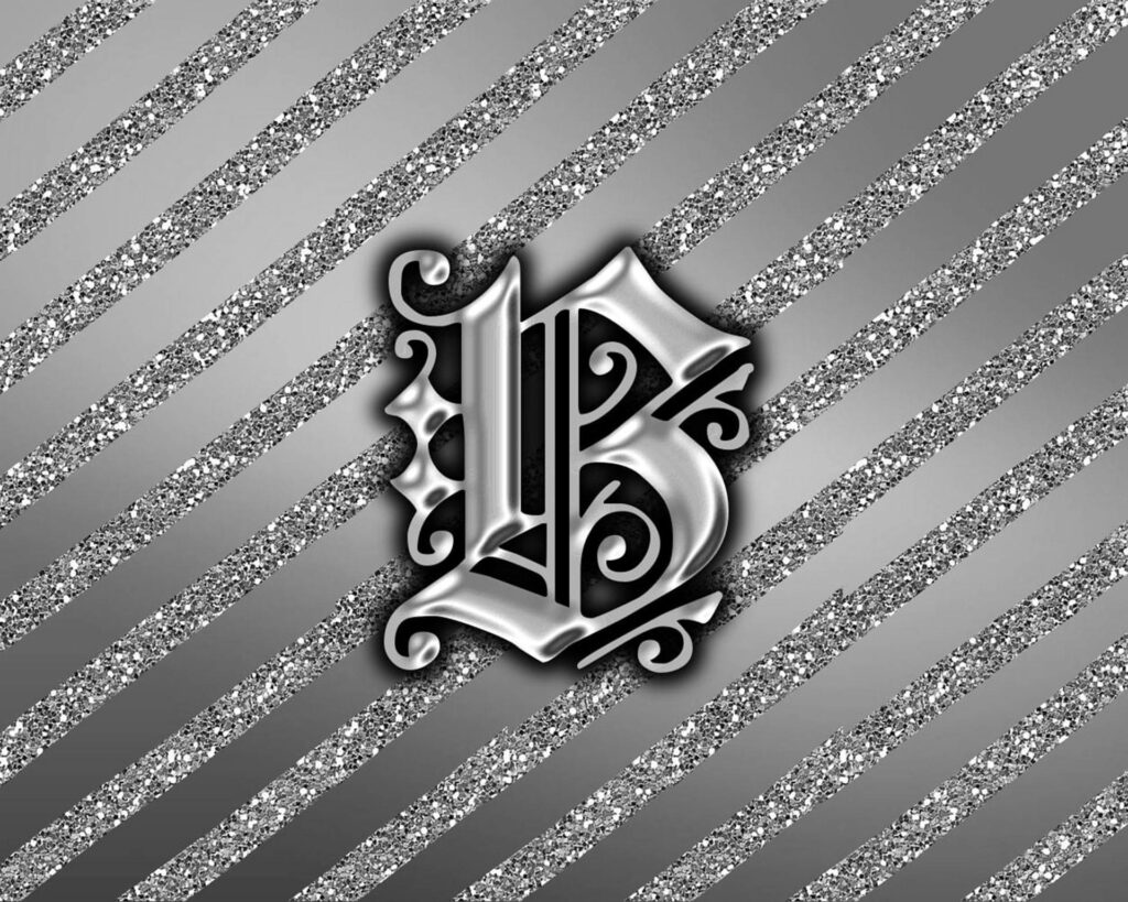 Ornate gothic metallic silver letter B on diagonal glittery silver striped wallpaper background