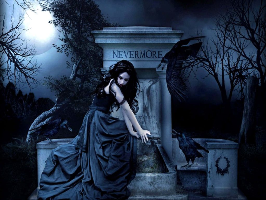 Gothic wallpaper pale woman black dress tomb nevermore ravens moonlit cemetery eerie mood